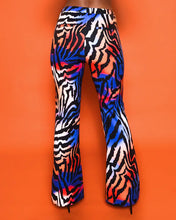 Load image into Gallery viewer, BLUE AND ORANGE ZEBRA PRINT FLARED TROUSER